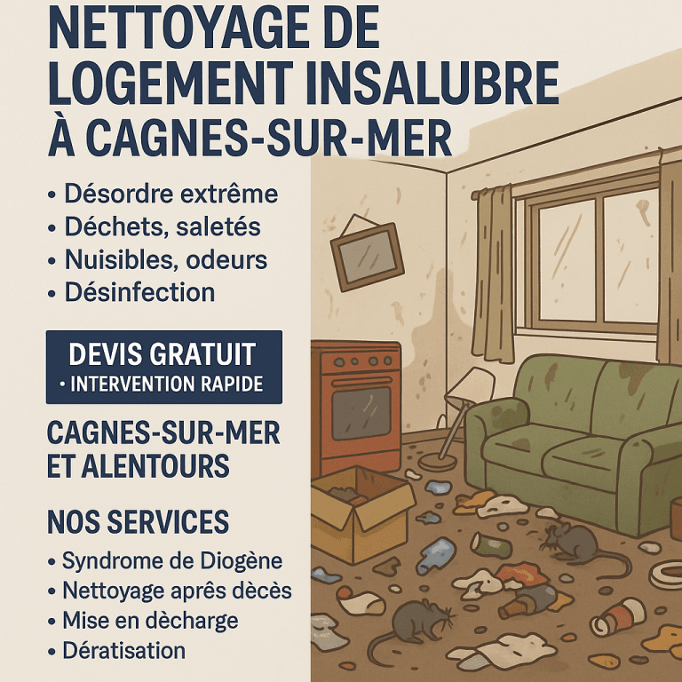 Infographie montrant un salon insalubre avec rats, déchets et meubles sales à Cagnes-sur-Mer