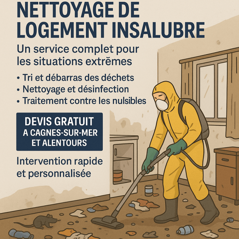 Technicien en combinaison intégrale nettoyant un logement insalubre à Cagnes-sur-Mer