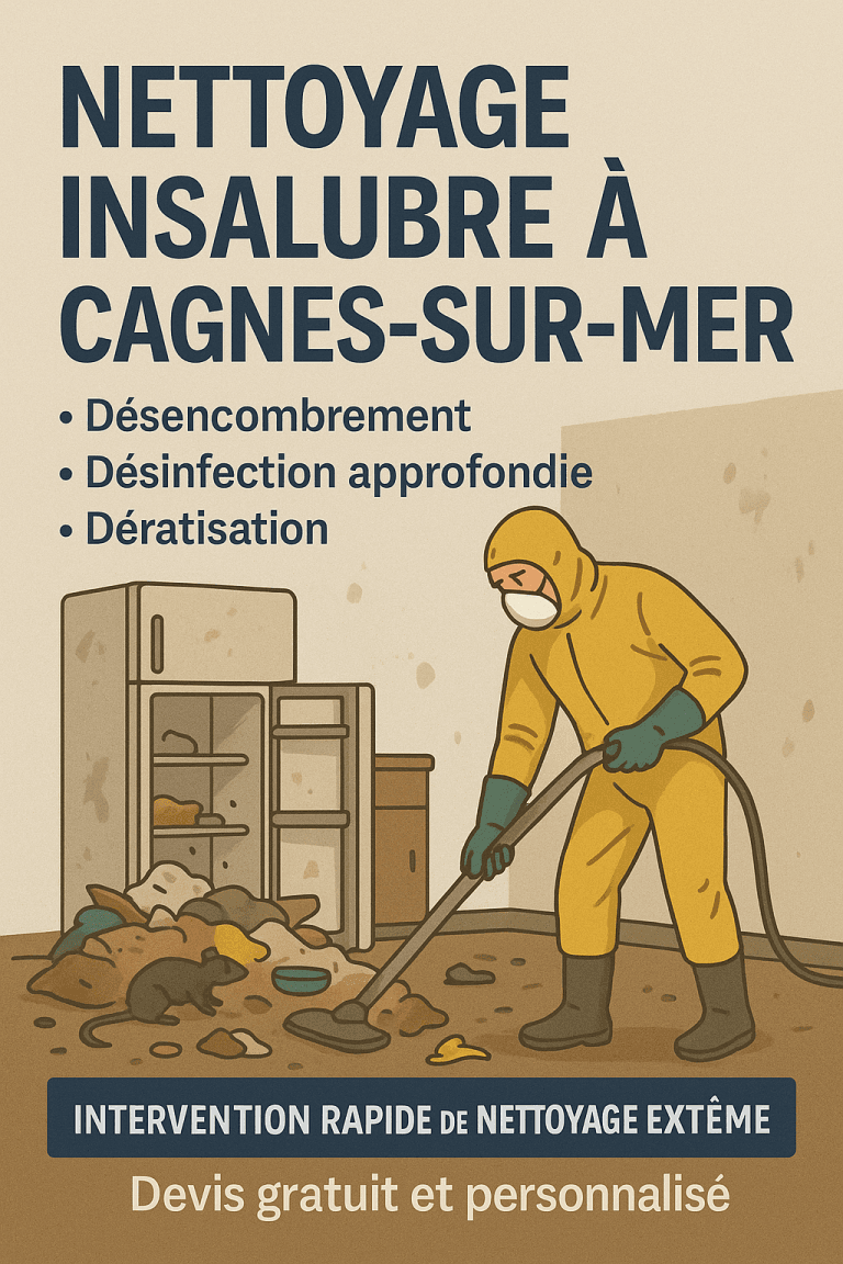 Opérateur en combinaison désinfectant un appartement insalubre à Cagnes-sur-Mer avec déchets, rats et réfrigérateur sale