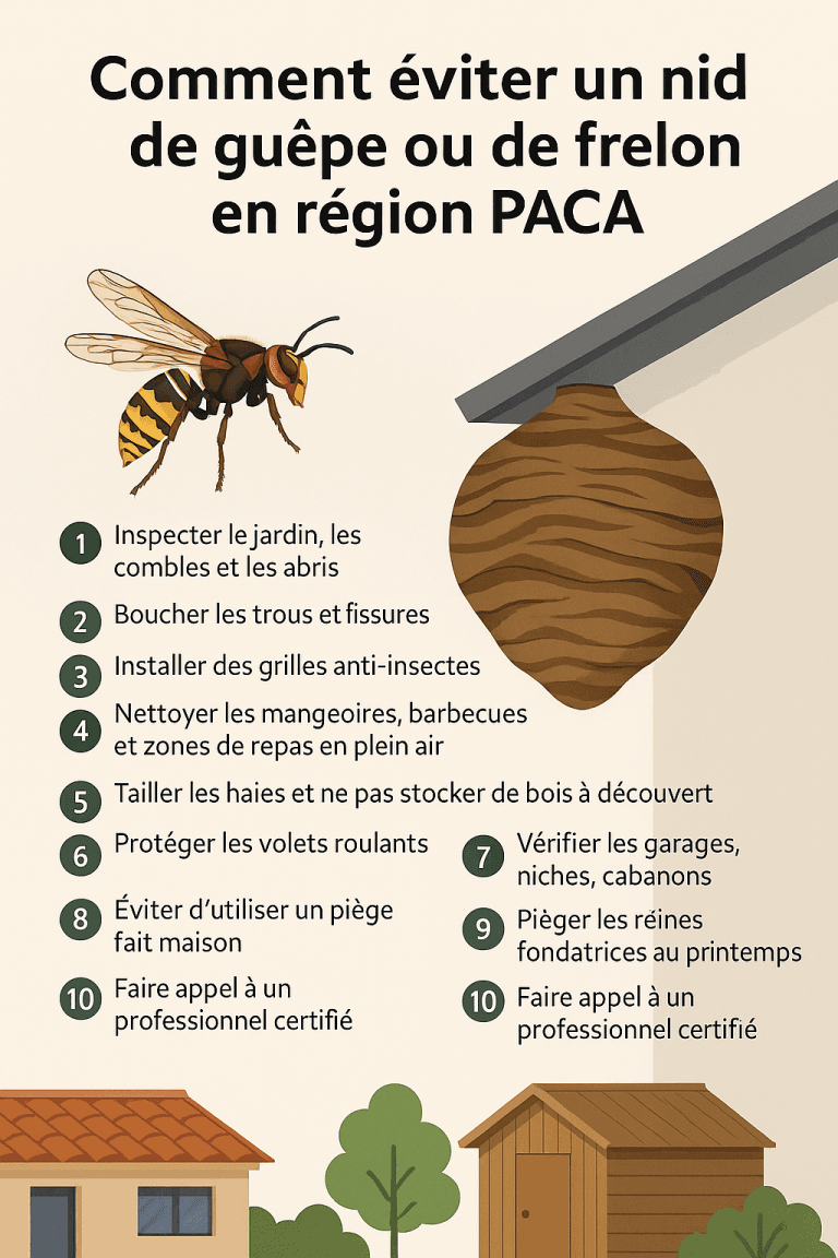 Infographie de prévention montrant 10 conseils pour éviter un nid de frelon ou de guêpe en région PACA