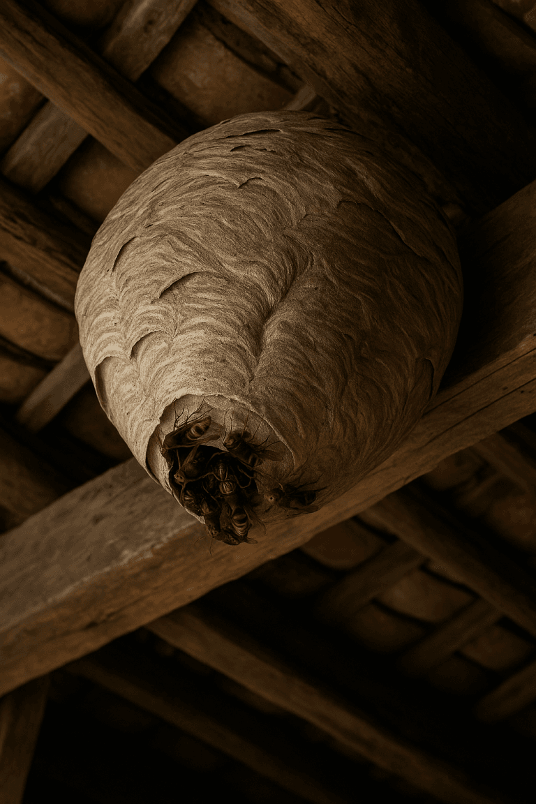 Photo réaliste d’un nid de frelons suspendu sous une poutre en bois dans un grenier