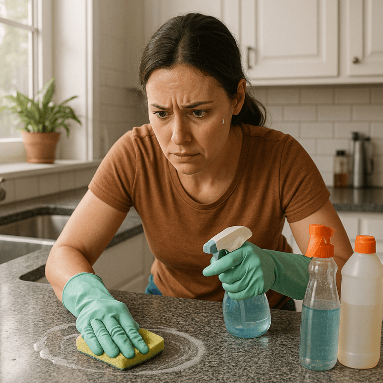Femme réalisant un rituel de nettoyage compulsif sur un plan de travail immaculé