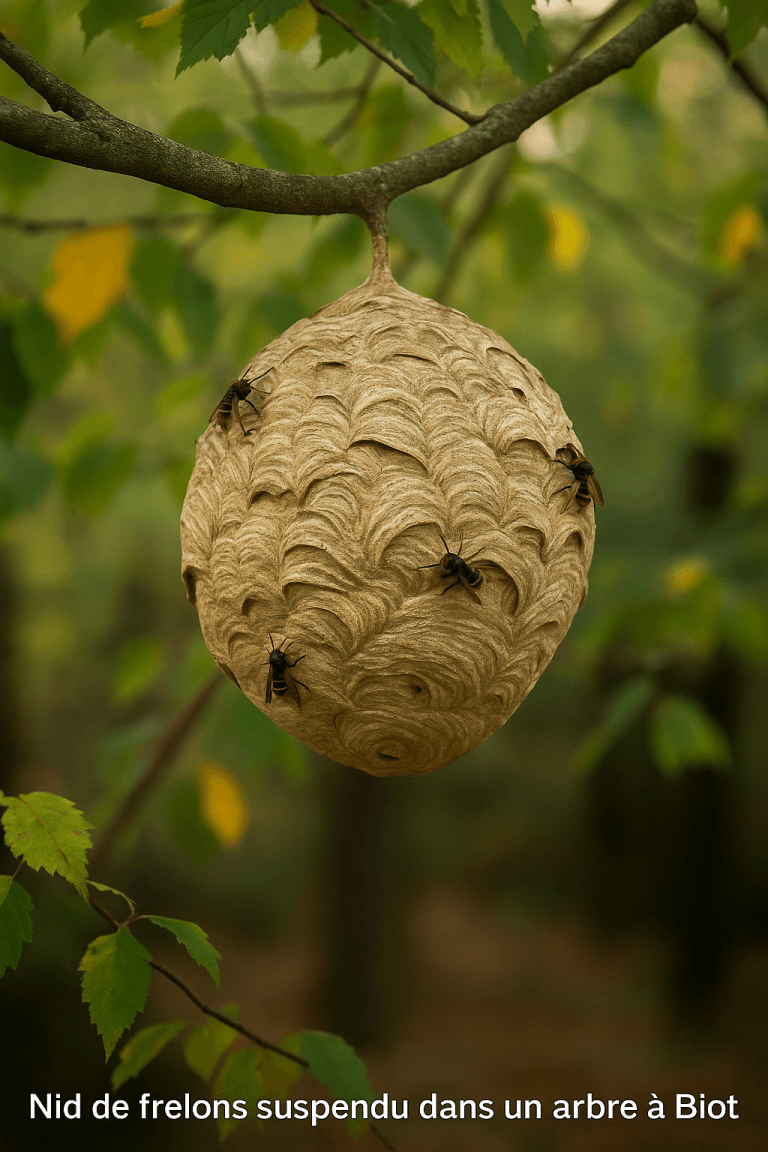 Nid de frelons accroché à une branche dans une forêt de Biot, avec frelons visibles à sa surface