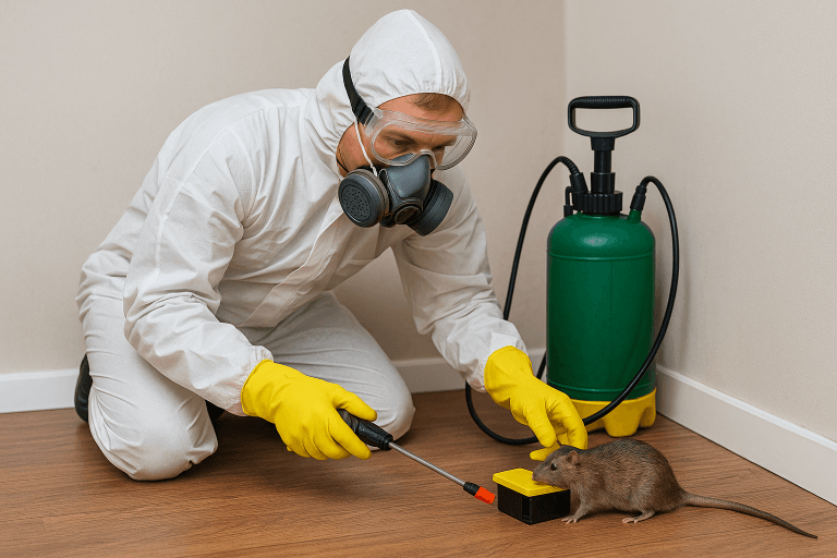 professionnel en dératisation appliquant un appât sécurisé contre les rats