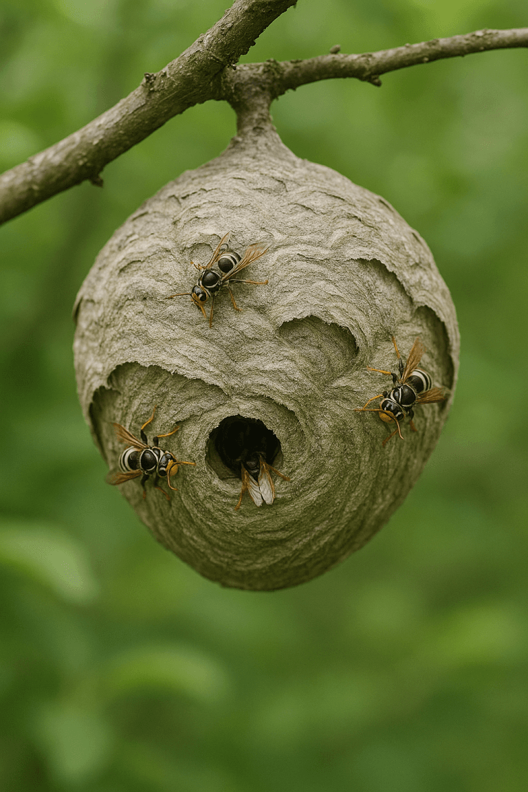 nid de frelons avec quatre insectes visibles sur une branche naturelle