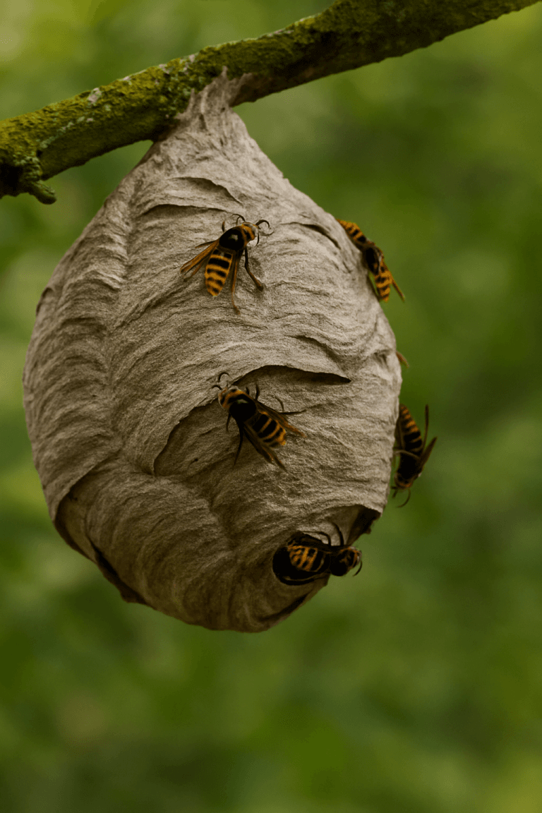 nid de frelon asiatique avec plusieurs frelons visibles sur la surface