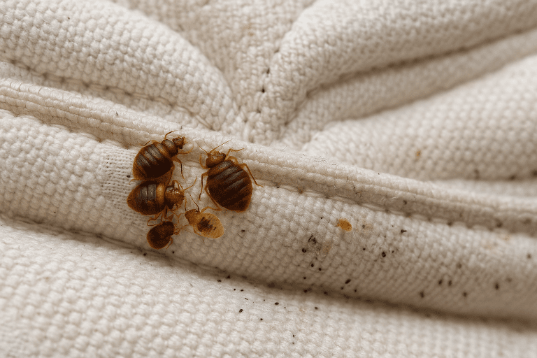 groupe de punaises de lit adultes et œufs sur un matelas blanc