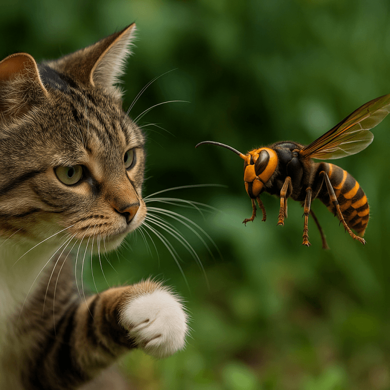 Un chat tigré observe attentivement un frelon asiatique en vol dans un jardin verdoyant