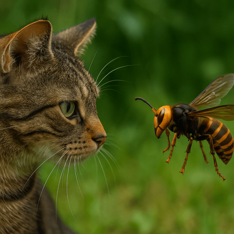 Chat tigré observant un frelon asiatique en vol dans un jardin