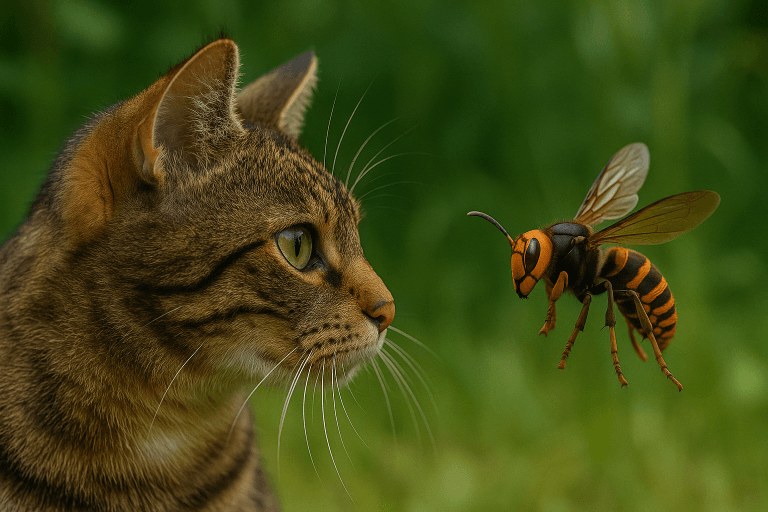 Chat tigré observant un frelon asiatique en vol dans un espace vert