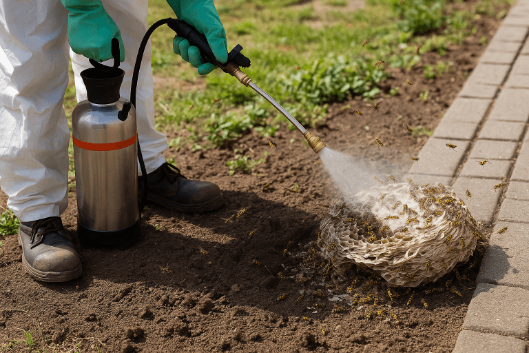Technicien pulvérisant un insecticide sur un nid de guêpes actif dans un jardin