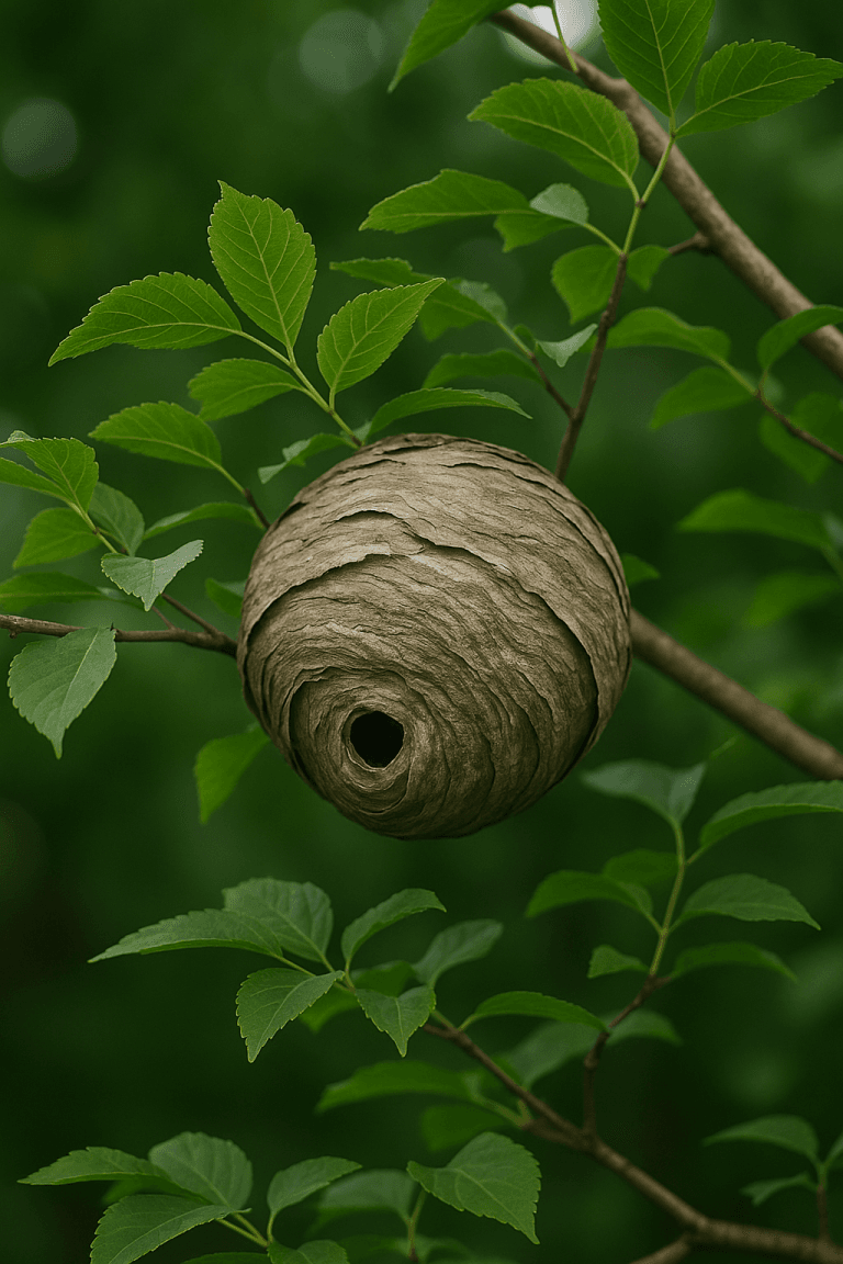 Nid de frelons sphérique accroché à une branche dans un arbre feuillu