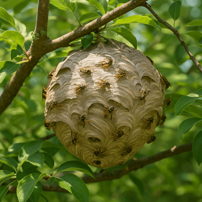 Gros plan sur un nid de frelons actif suspendu à une branche d’arbre