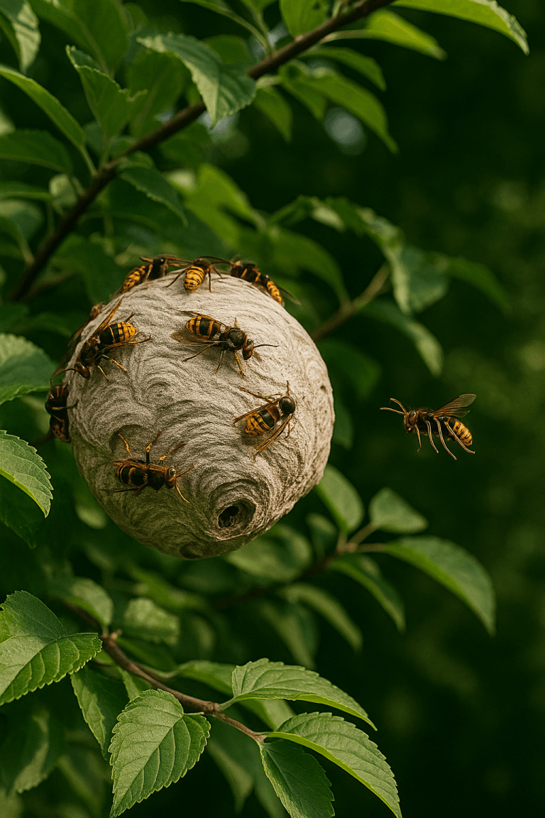 Nid de frelons asiatiques avec plusieurs individus visibles dans un arbre