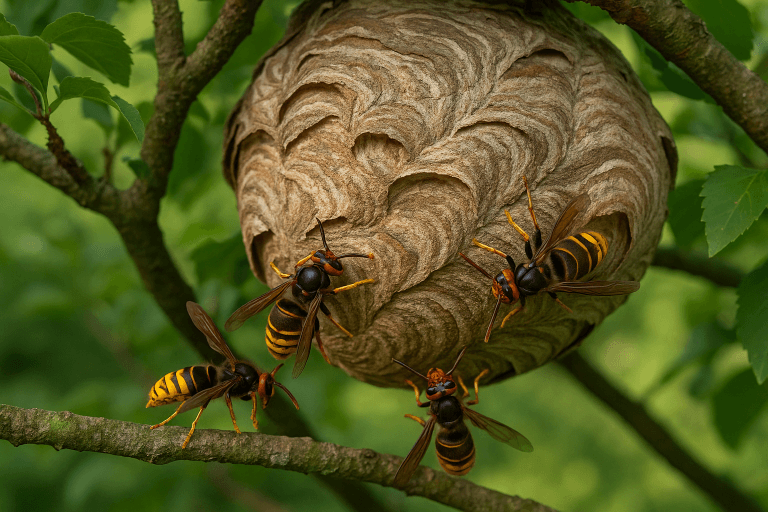 Grosse reine fondatrice de frelon asiatique sur une branche au printemps