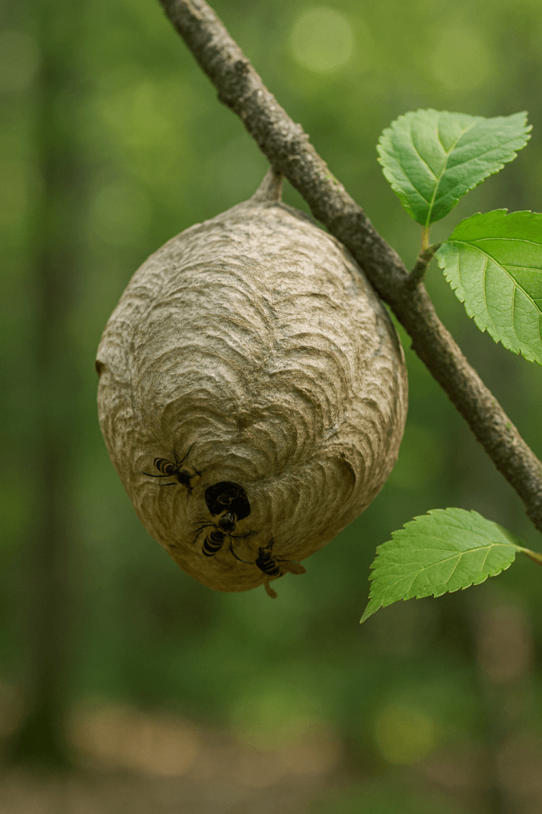 Nid de frelons beige accroché à une branche oblique dans un sous-bois vert