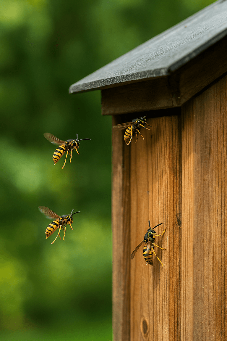 groupe de guêpes en vol stationnaire près d’un abri en bois dans un jardin