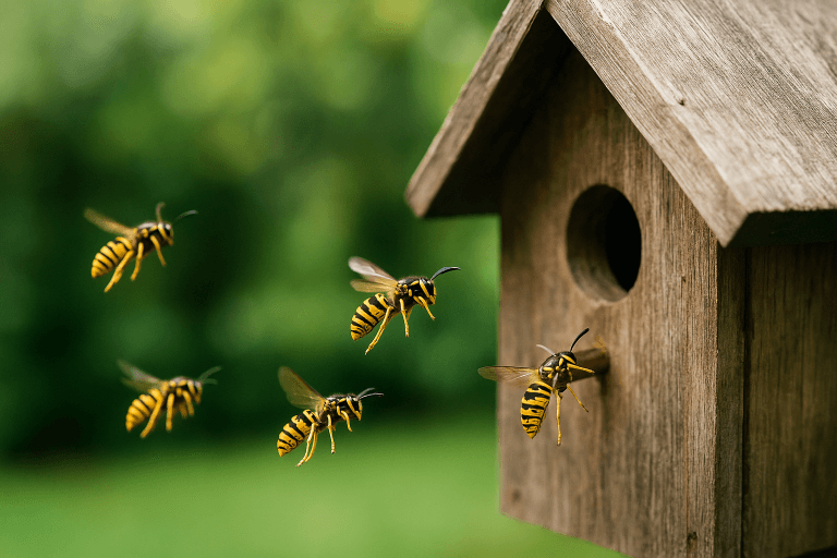 Groupe de guêpes rayées volant vers un nichoir en bois dans un jardin verdoyant