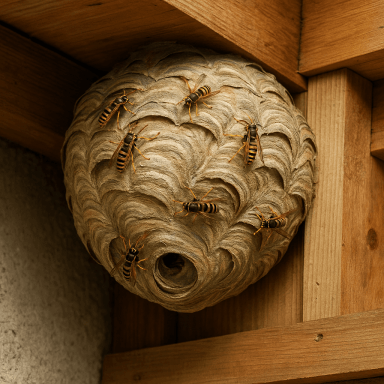Nid de guêpes accroché sous une poutre extérieure en bois avec plusieurs guêpes visibles