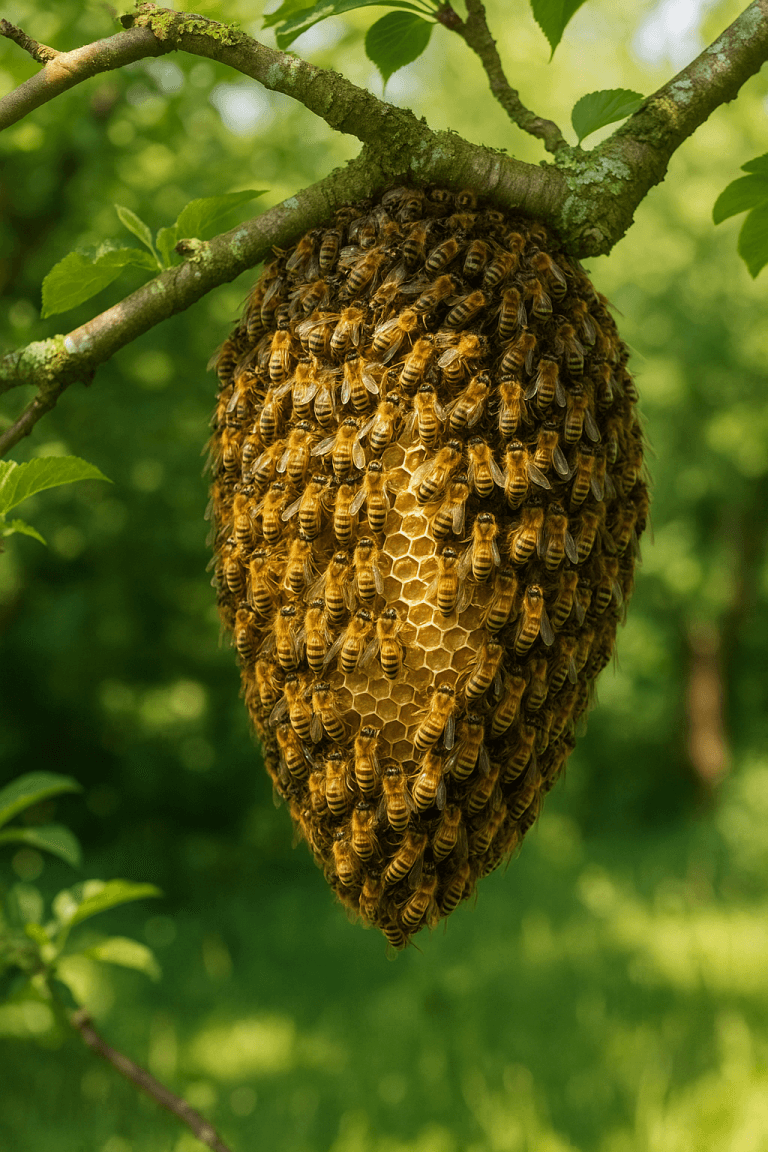 Nid d’abeilles de forme ovale suspendu à une branche couverte de mousse dans un sous-bois