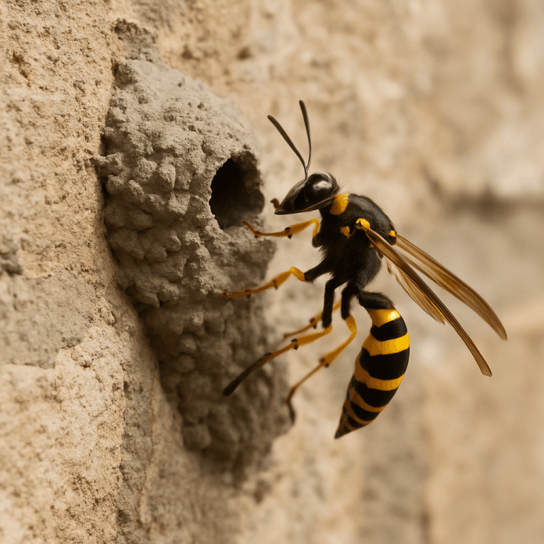 Guêpe solitaire à longues pattes noires posée sur une feuille verte en plein soleil