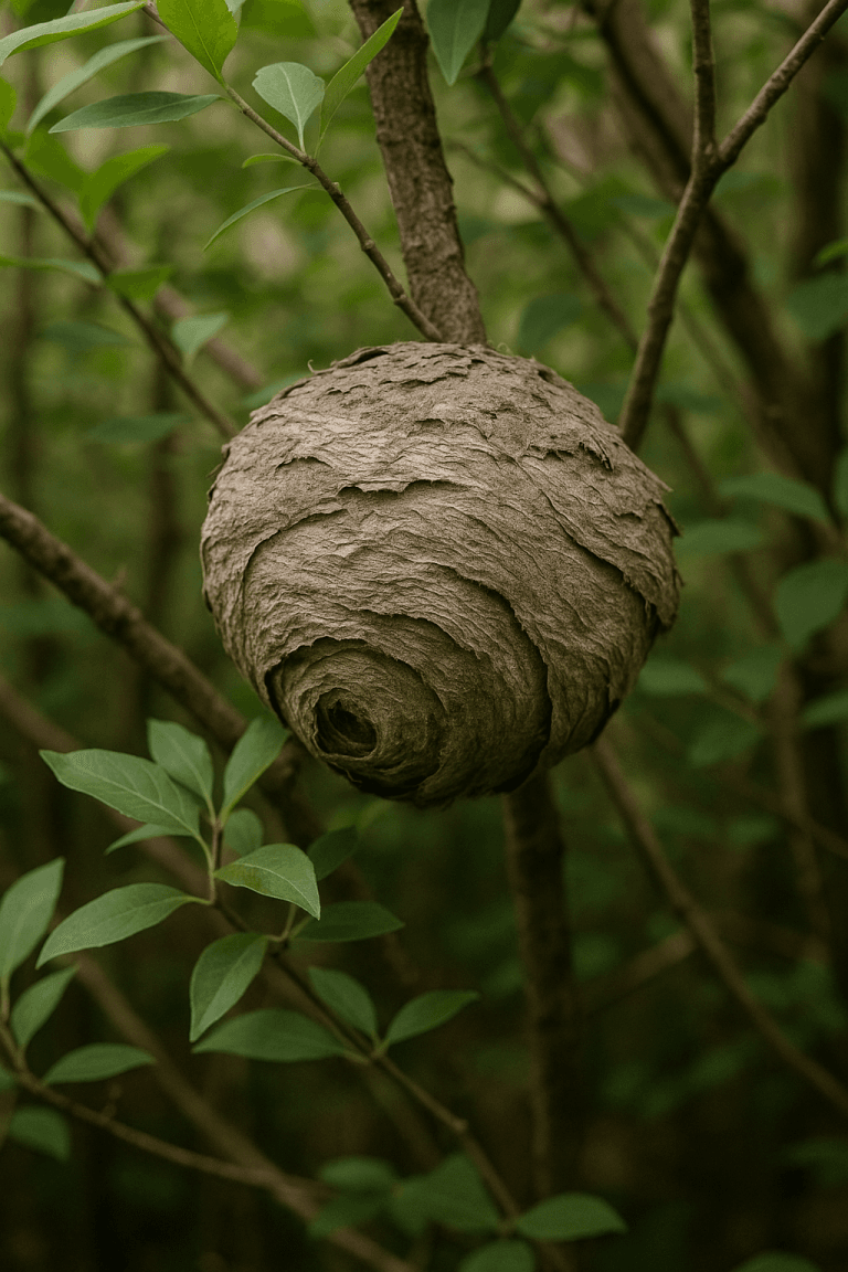 Gros nid de frelon vide suspendu dans une haie dense en pleine nature