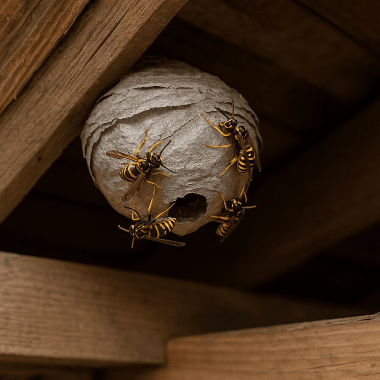 Nid de guêpes sphérique en construction sous une poutre en bois dans un grenier