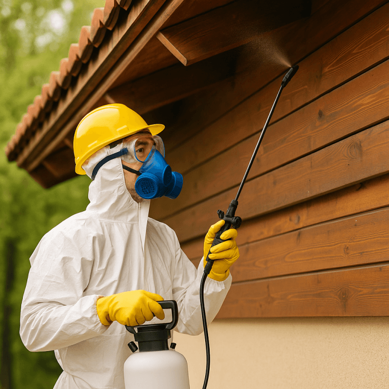 Technicien en combinaison pulvérisant un traitement anti-guêpes sous une toiture en bois