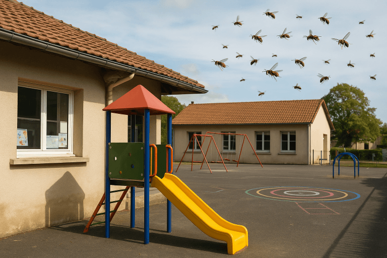 Aire de jeux pour enfants située à proximité d’un nid de frelons en hauteur