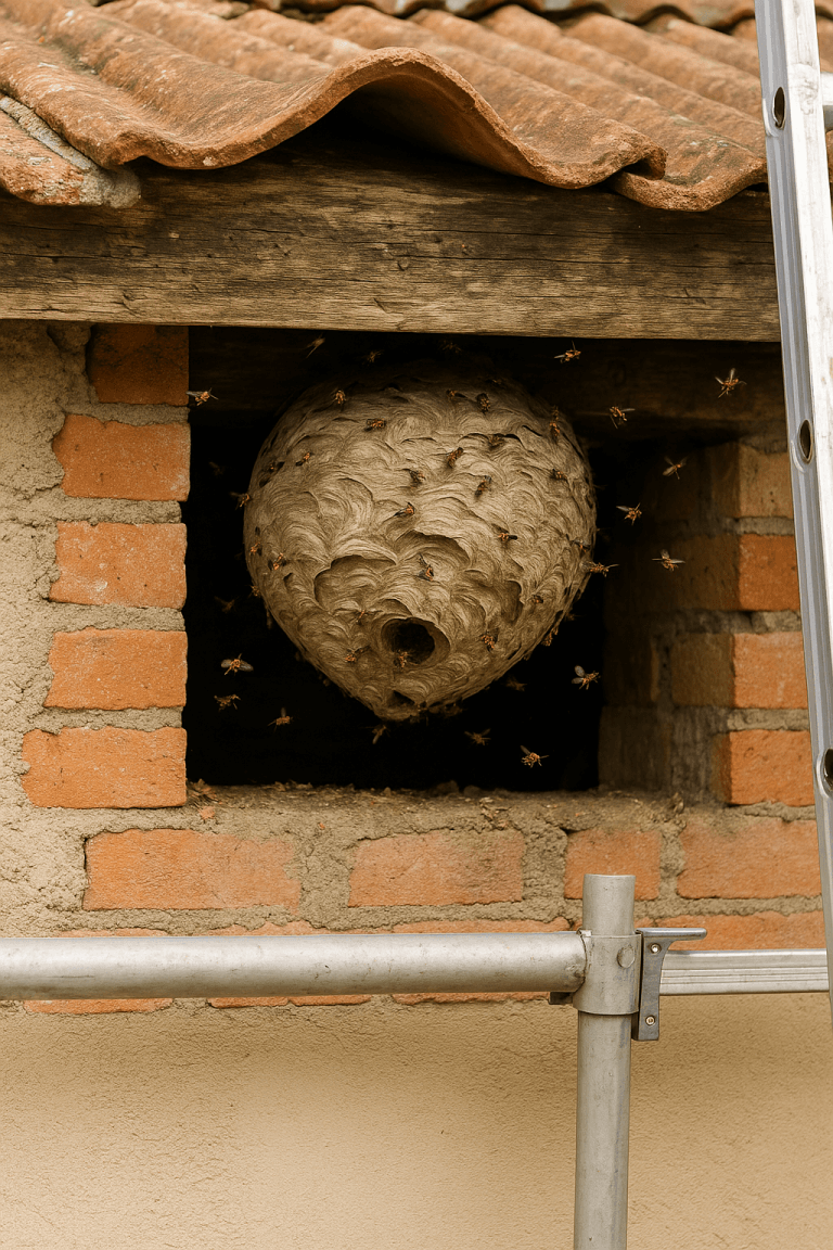Nid de guêpes découvert sous une toiture en cours de rénovation