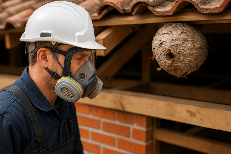 Technicien en désinsectisation intervenant sur un nid de guêpes pendant un chantier