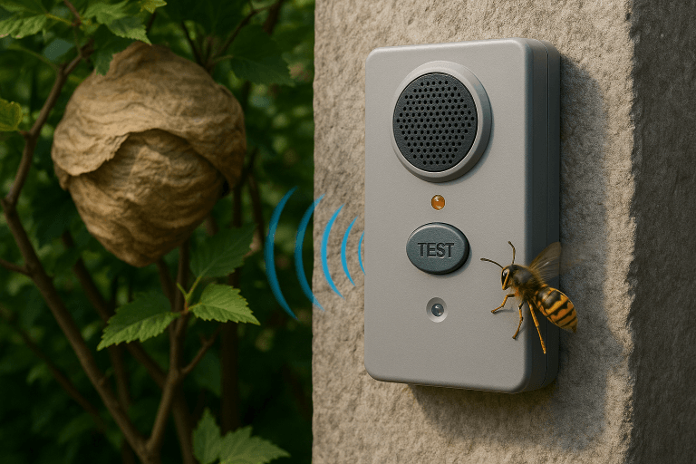 Dispositif ultrason fixé sur un mur extérieur à côté d’un nid de guêpes et d’un frelon en vol