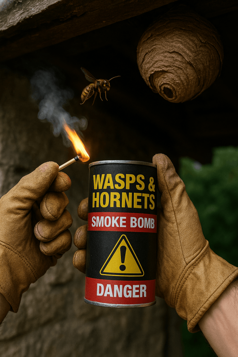 Gants allumant un fumigène pour frelons sous un nid suspendu à une toiture extérieure