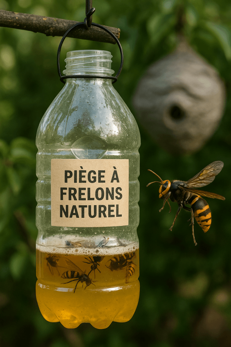 Bouteille en plastique transformée en piège à frelons naturel, suspendue à une branche
