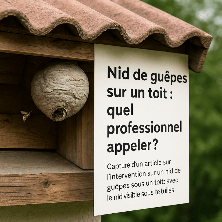 Nid de guêpes suspendu sous un avant-toit en tuiles, avec article en surimpression