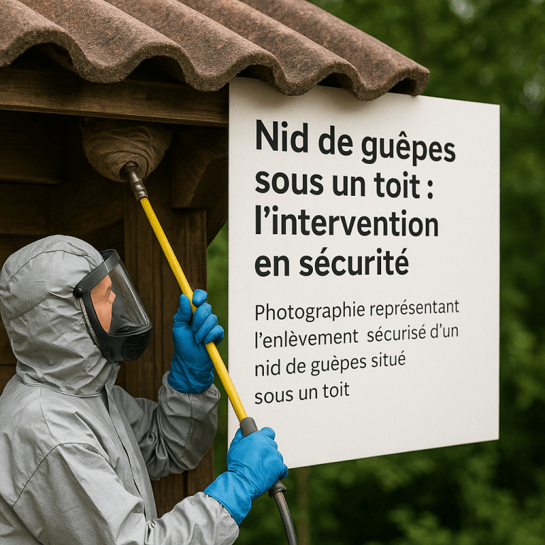 Technicien en combinaison injectant un traitement dans un nid de guêpes sous une toiture