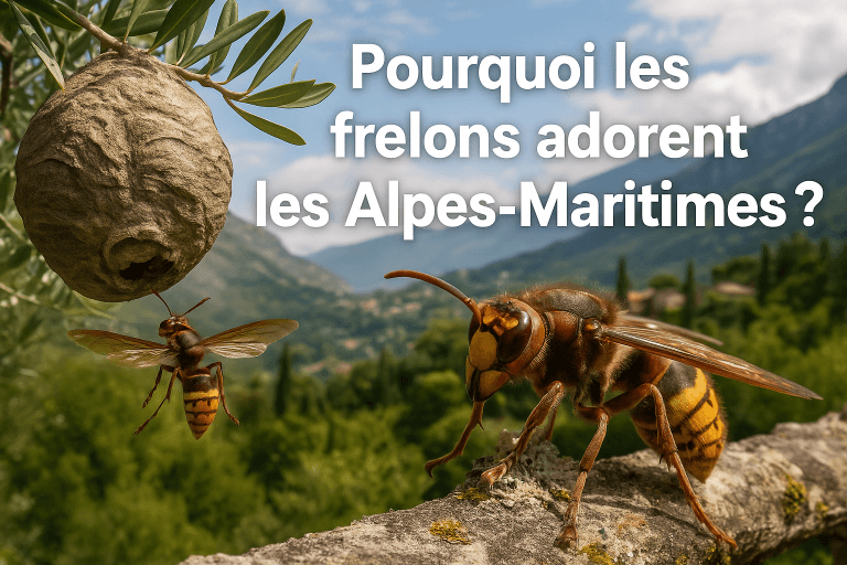 Nid de frelons et frelons asiatiques dans un paysage typique des Alpes-Maritimes