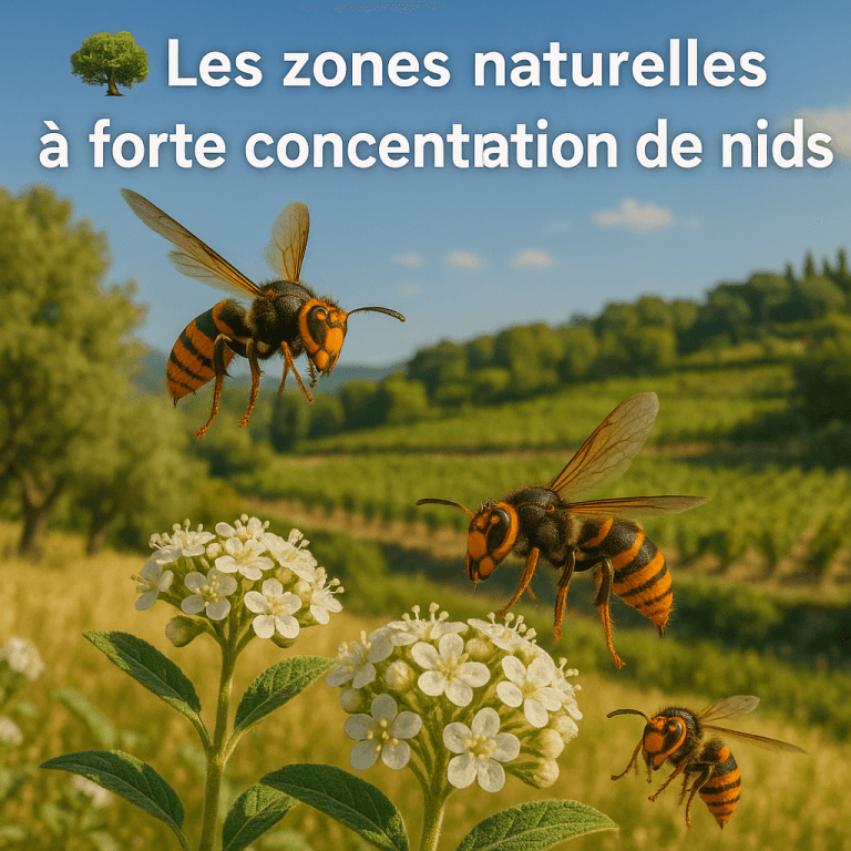 Frelons asiatiques sur des fleurs blanches dans un paysage de vignes et oliviers