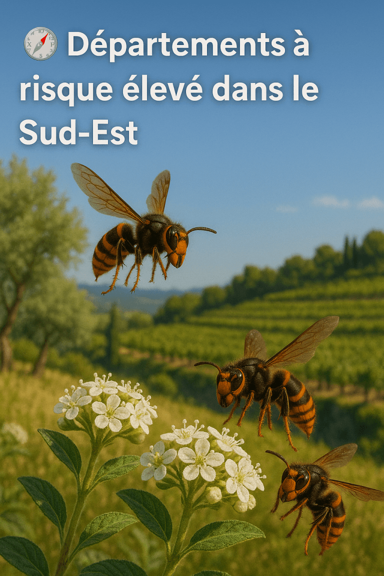 Frelons asiatiques sur des fleurs blanches avec vignobles en fond dans le Sud-Est
