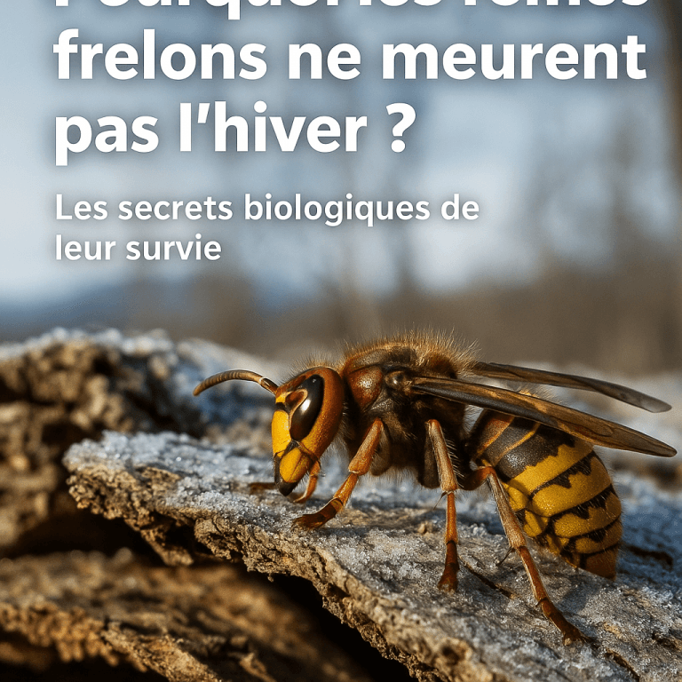 Reine frelon européen sur une écorce givrée en hiver