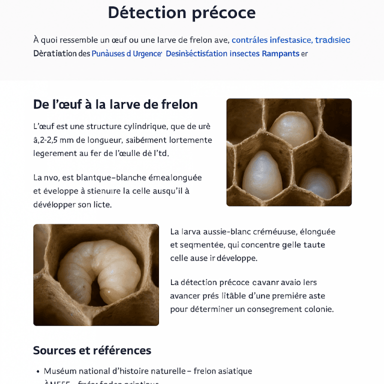 Page d’article en français avec images et explications sur les œufs et larves de frelon