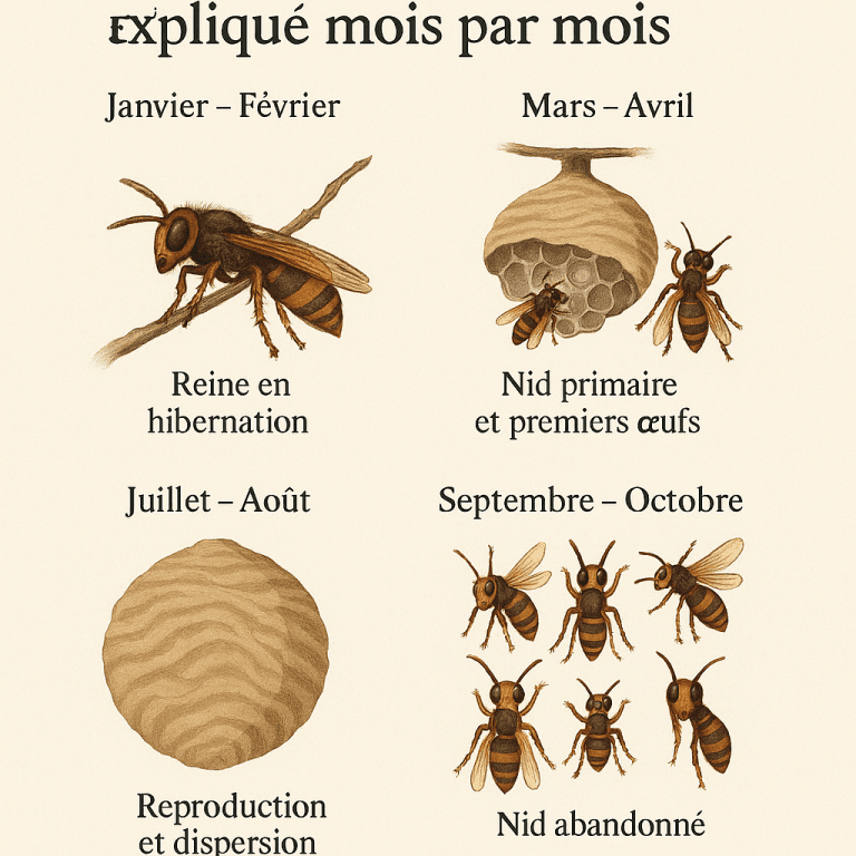 Infographie en style aquarelle montrant les étapes mensuelles du nid de frelon avec légendes