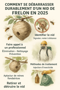 Infographie illustrée expliquant comment éliminer durablement un nid de frelon en 2025 avec dessins des étapes clés