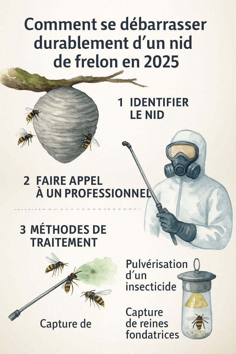 Infographie aquarelle des étapes pour se débarrasser durablement d’un nid de frelon en 2025 avec illustrations de nid, professionnel, piège