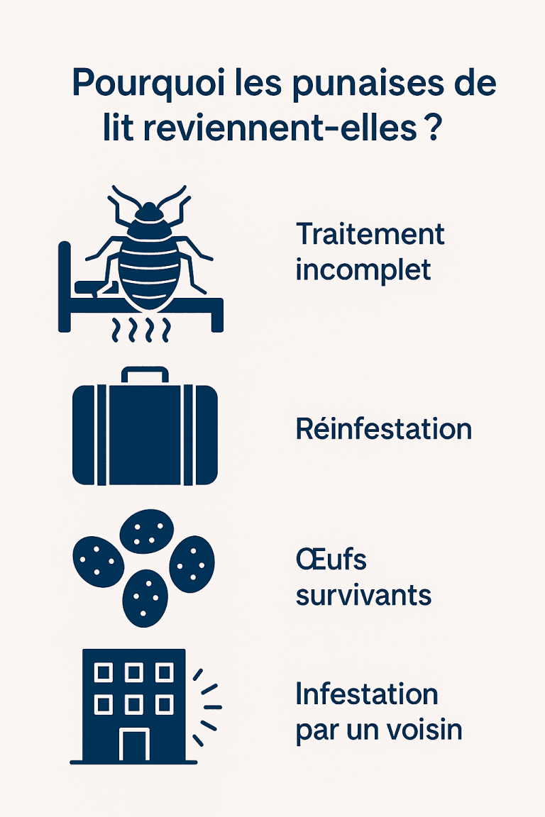 Infographie minimaliste expliquant les quatre causes du retour des punaises de lit après un traitement