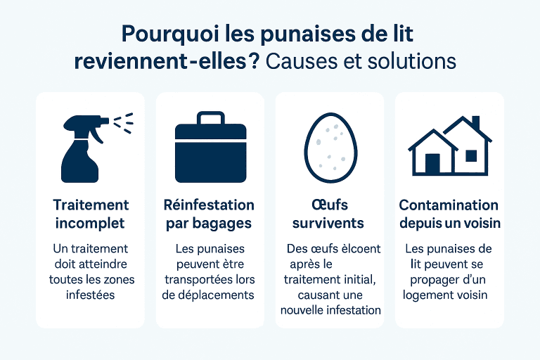 Infographie en français listant causes et solutions du retour des punaises de lit