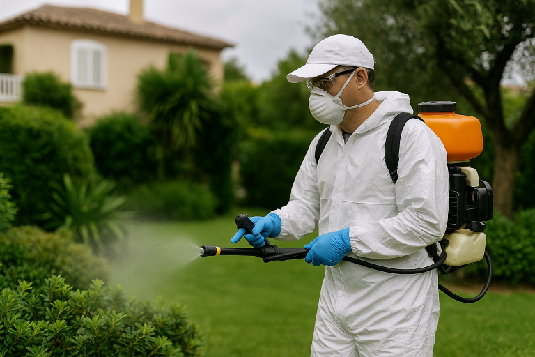 Technicien pulvérisant un traitement anti-moustiques tigres dans un jardin résidentiel