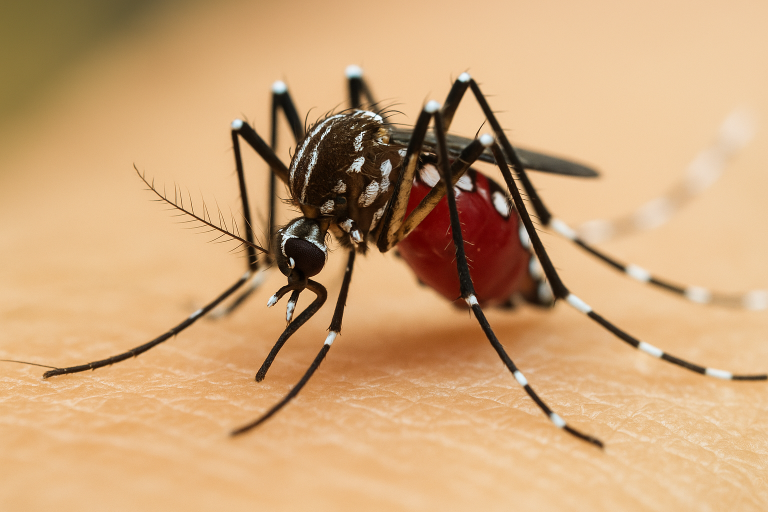 Gros plan d’un moustique tigre piquant la peau humaine à Cannes, responsable de la transmission de la dengue