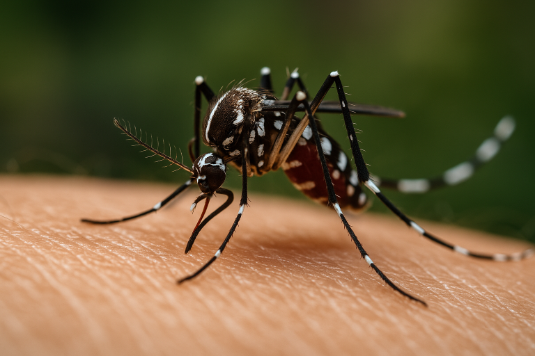 Gros plan d’un moustique tigre piquant une peau humaine à Menton, vecteur du virus Zika