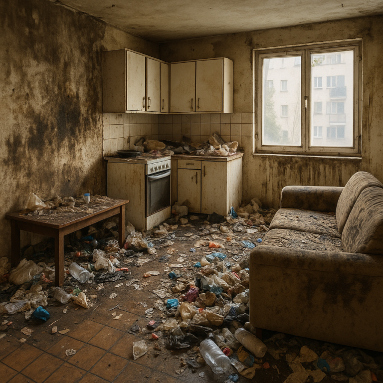 Salon et cuisine très sales à Lyon avant désinfection professionnelle Speed 3D